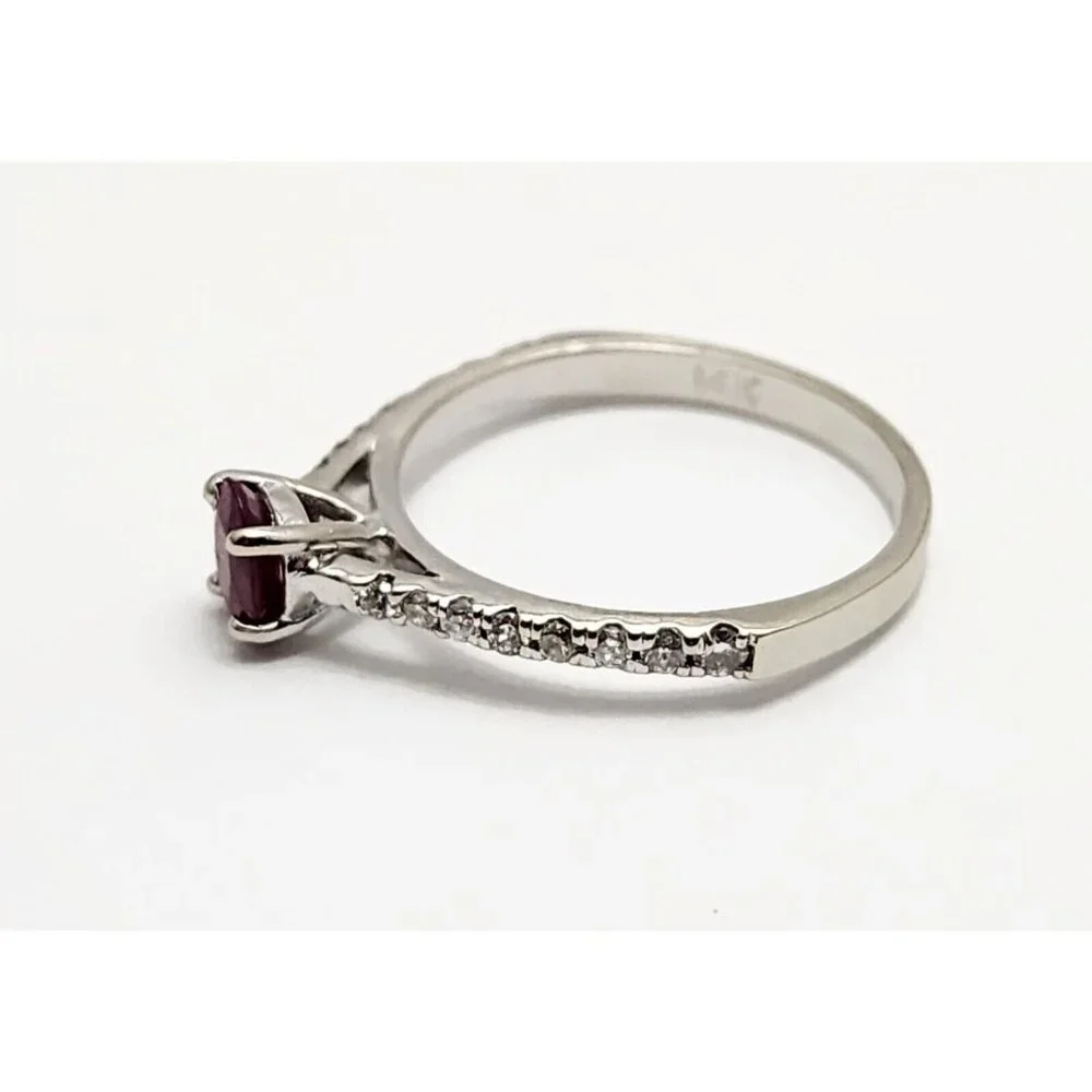 Beautiful 14K Karat Solid White Gold Designer Oval Ruby & Diamond Ring - Size 7